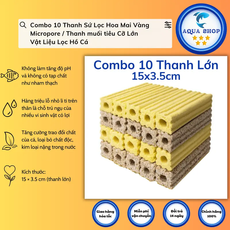 Combo 10 Thanh Sứ Lọc Hoa Mai Vàng Micropore / Thanh muối tiêu Cỡ Lớn - Vật Liệu Lọc Hồ Cá 0