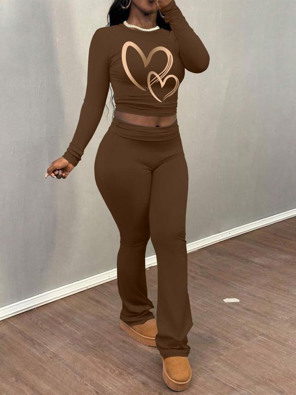 Women's Heart Print Long Sleeve Crop Tee & Flare Leg Pants Two-piece Set, Casual Fashion Round Neck Top & Bell Bottom Trousers for Daily Outdoor Wear, Women's Clothing for Fall & Winter 6