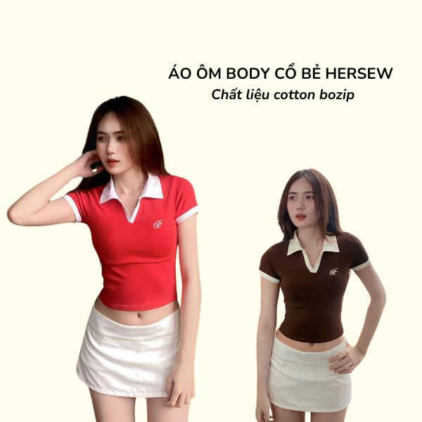 Áo Thun Croptop Phối Cổ Bẻ Thắt Eo Ôm Body Thêu Cotton Bozip Co Dãn 4 Chiều Nữ Women S M -Top Voi Polo  Đỏ