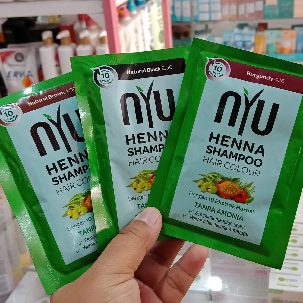 NYU henna semir shampoo natural black natural brown burgundy.