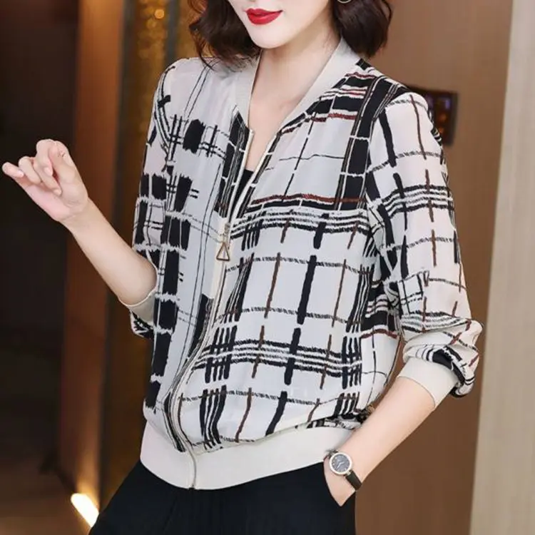 Chiffon Shirt Women's Elegant New Baseball Jacket Printed Short Coat 2025 Summer Long Sleeve Loose Cardigan Sun Protection Clothing