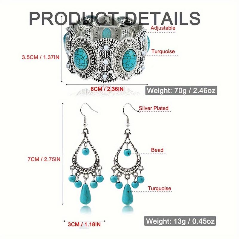 [Complete Turquoise Bead Jewelry Set] Bohemian Turquoise Necklace Round Necklace Bracelet Earrings Bead Jewelry Set 4