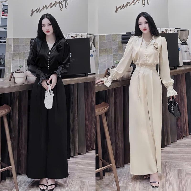 Set đồ nữa áo tay bèo cổ v gắn hoa đính ngọc trước mix quần suông ống rộng dáng dài xinh xắn dành cho các nàng điện đi chơi đi lễ Màu Đen Women Nhung Ong