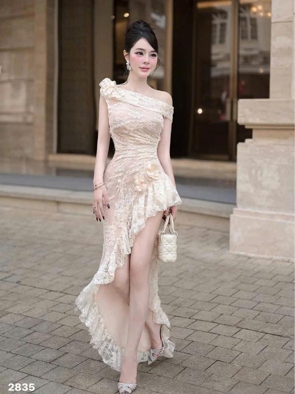 Đầm nữ body lệch vai ren kem mút ngực và lót cho các nàng đi tiệc sang trọng 5