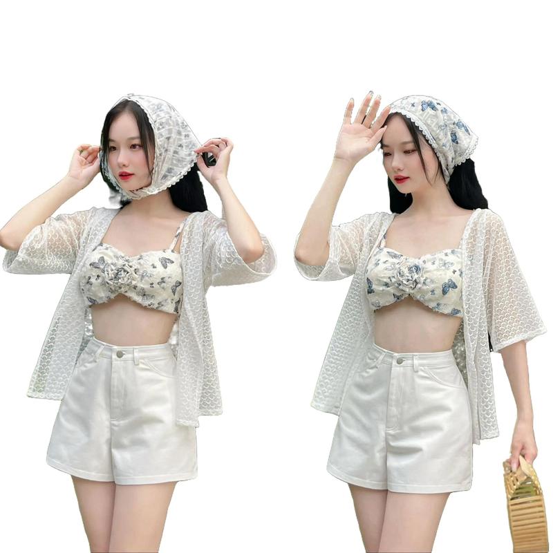 Set 3 Món Nữ Thiết Kế EMME Gồm Áo Bra Có Mút Cuộn Hoa Thêu Bướm Mix Quần Kaki Dáng Ngắn Phối Áo Khoác Ren Tay Lửng Cách Điệu Women Kèm Khăn - T3039