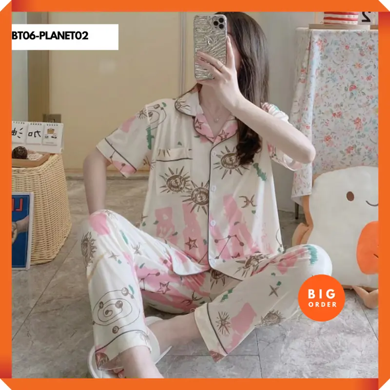 TERSEDIA Set Baju Tidur Piyama Model Korea Kemeja Lengan Pendek Celana Panjang PART 3 - BO - BT06 Fit Katun Lembut Motif 7