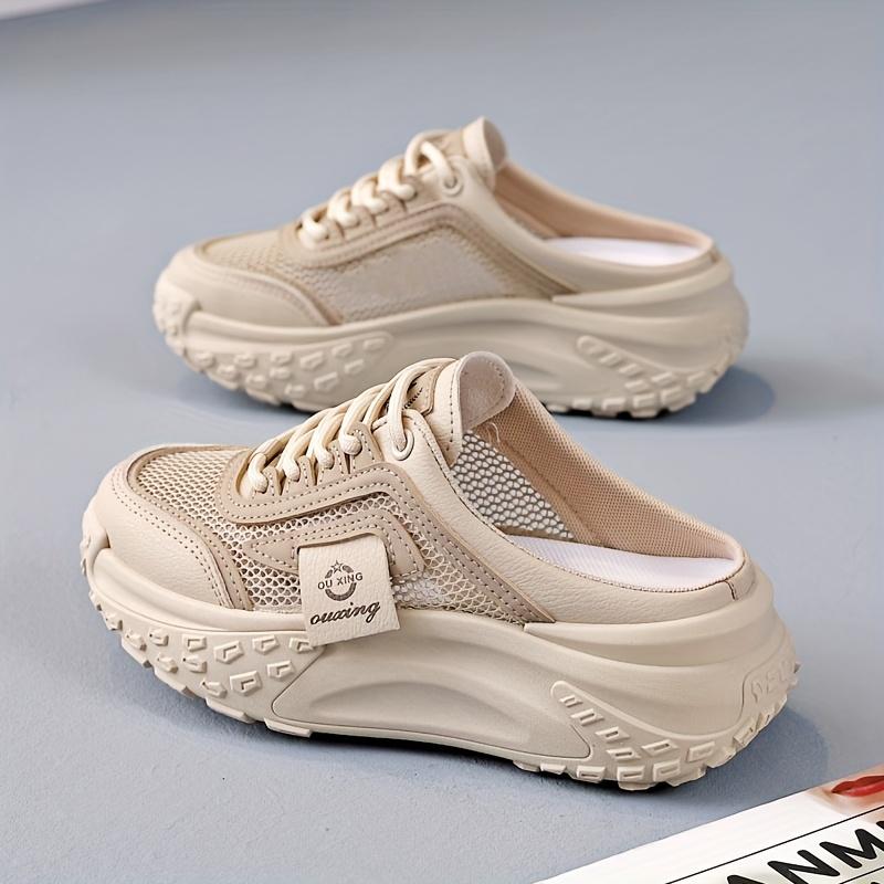 Product Introduction of Women's Breathable Mesh Slip-On Sneakers - Casual Lace-Up, Mid-Heel, Summer Fashion Shoes with Round Toe & TPU Sole, Outdoor, Half Slip-on, Leisure Style 6