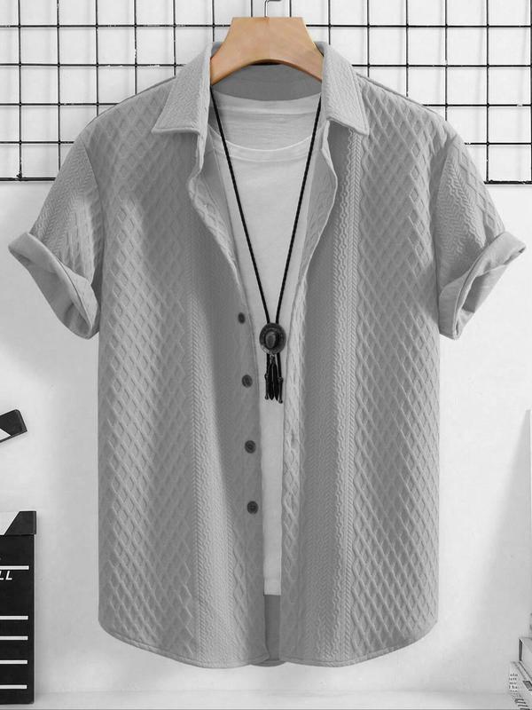 Men's Solid Textured Button Front Shirt, Regular Fit Casual Short Sleeve Collared Top for Summer, Fashion Men's Clothes for Daily Wear 2