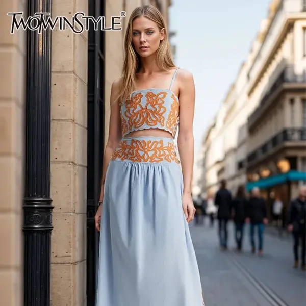 TWOTWINSTYLE Solid Two Piece Set For Women Square Collar Sleeveless Short Top High Waist Spliced Zipper Skirt Chic Sets Female
