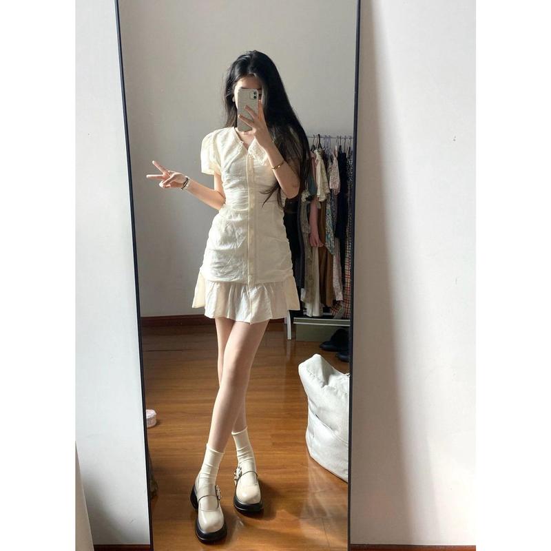 Váy Vỏ Sò Đơn Giản Kiểu Pháp Cho Nữ, Váy Thiết Kế Xù Linh Hoạt Và Giảm Béo, Phong Cách Hàn Quốc Mới, Mùa Thu Women, Dress, Khuy 7
