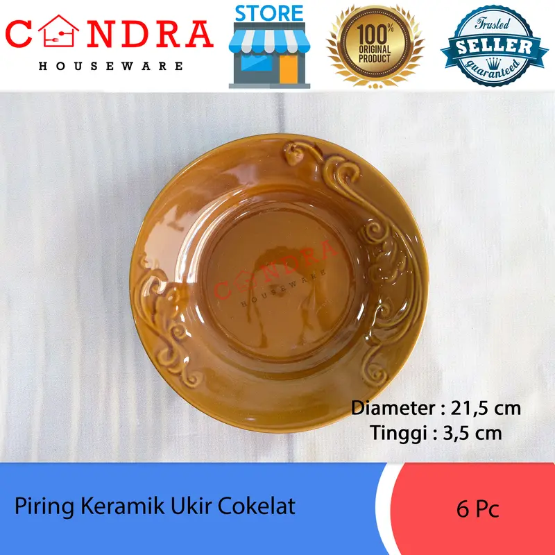 1 Pc Piring Keramik Ukir Cokelat / Piring Makan 8 inch - 20 cm 3
