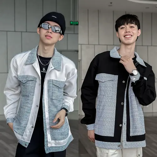 ZOOZOO Unisex - Áo khoác Dạ thiết kế phối kaki form rộng Nam Nữ Dài Tay Menswear