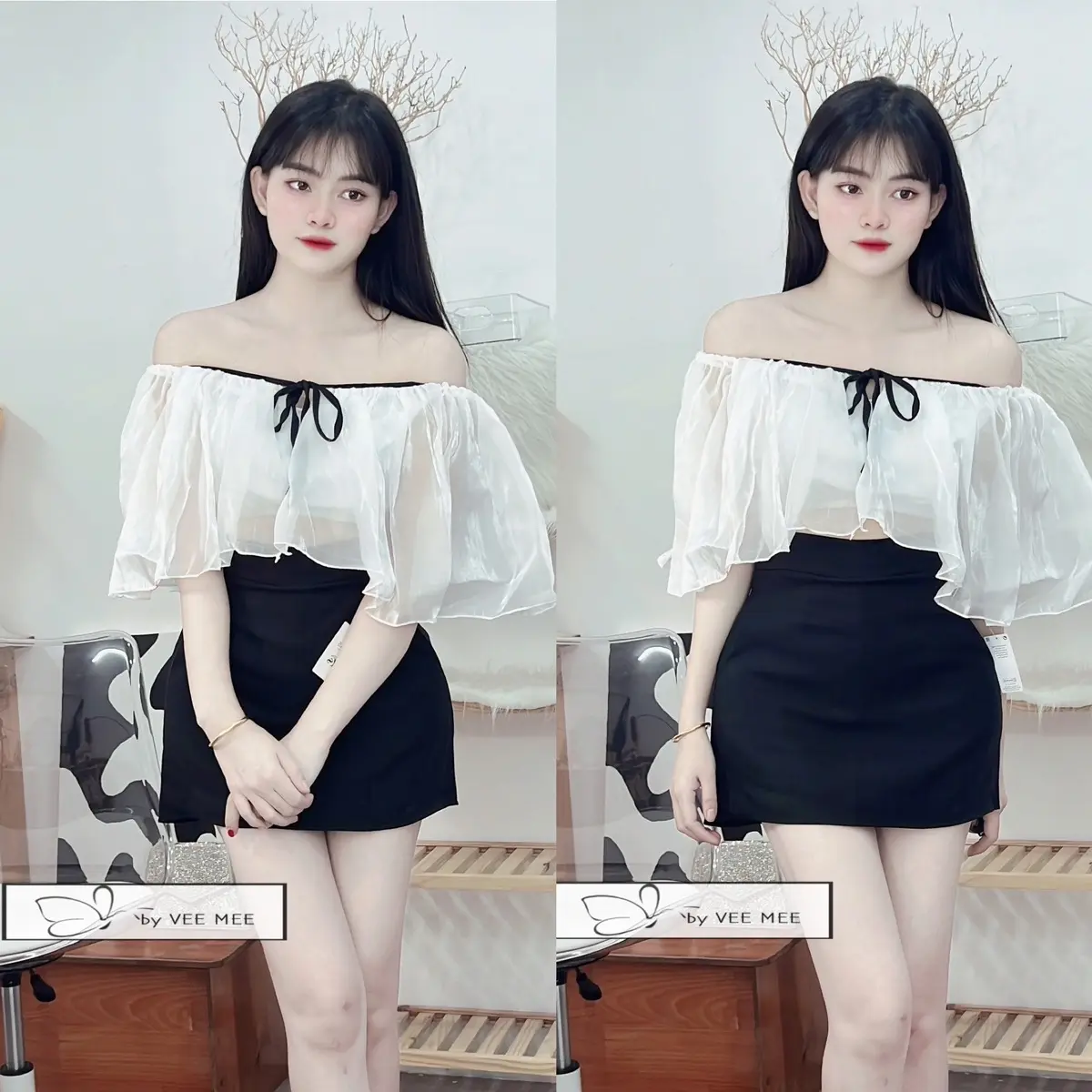 Set áo bẹt vai voan tơ phối chân váy chữ a