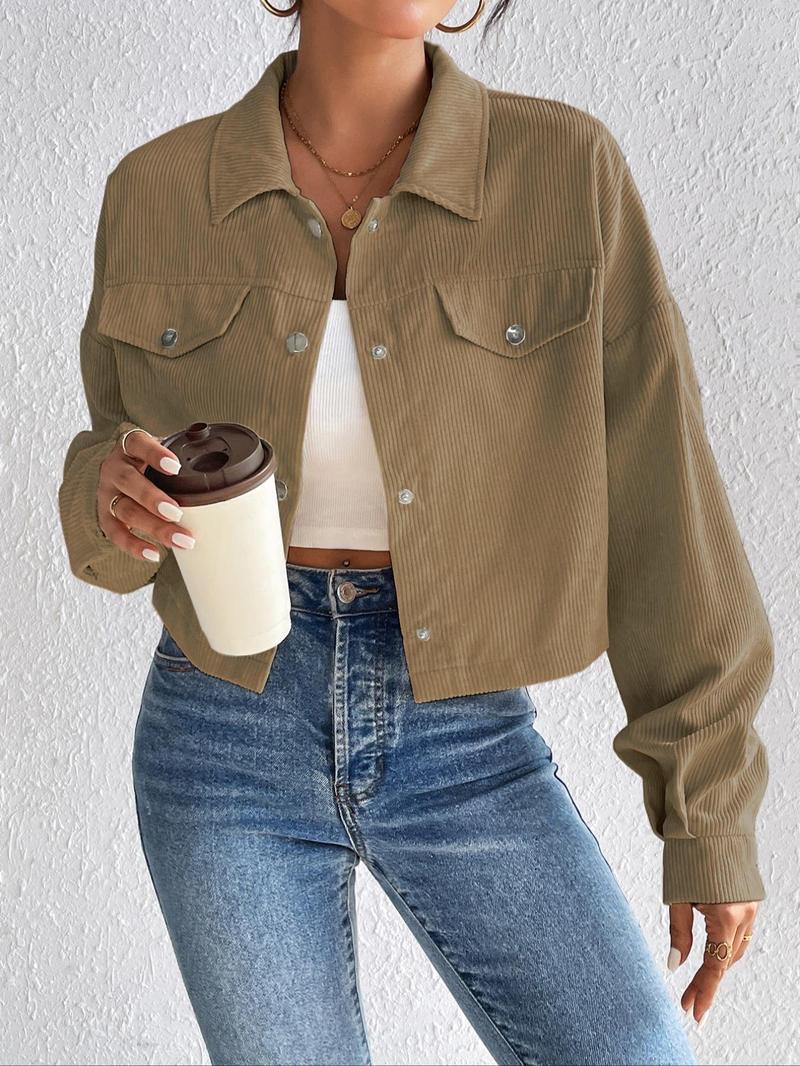 Product Introduction of [2025]Women's Plain Button Front Collared Long Sleeve Jacket, Y2k Clothes, Casual Drop Shoulder Pocket Corduroy Jacket, Shacket Coat for Fall & Winter, Jacket for Women Back To School, Holiday Outfits, Coats for Women, School Essentials 6