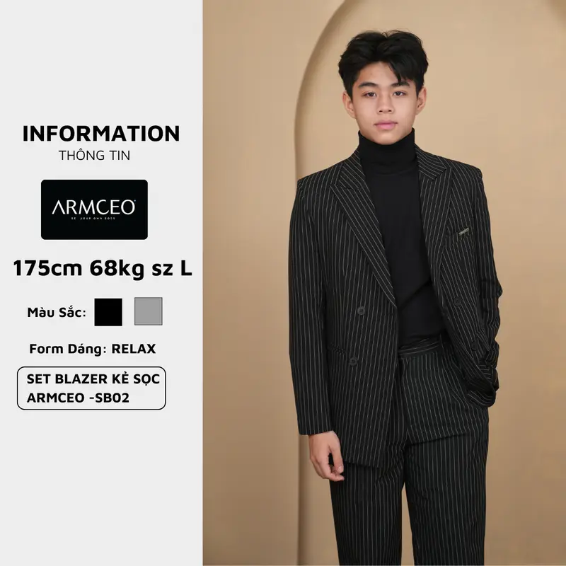 [COMBO] Set blazer kẻ sọc ARMCEO quần suông rộng hack chiều cao 5-7cm, chất liệu cotton spandex -SB02 1