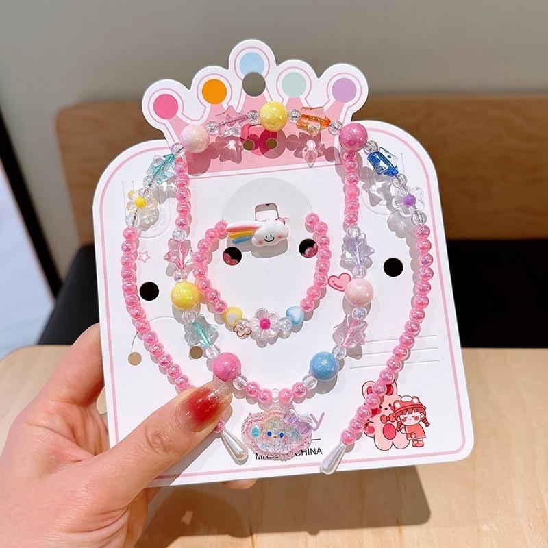 Product Introduction of Children's Necklace Jewelry Set Colorful Beaded Bracelet Cartoon Hair Hoops Earrings Princess Girl Accessories 16