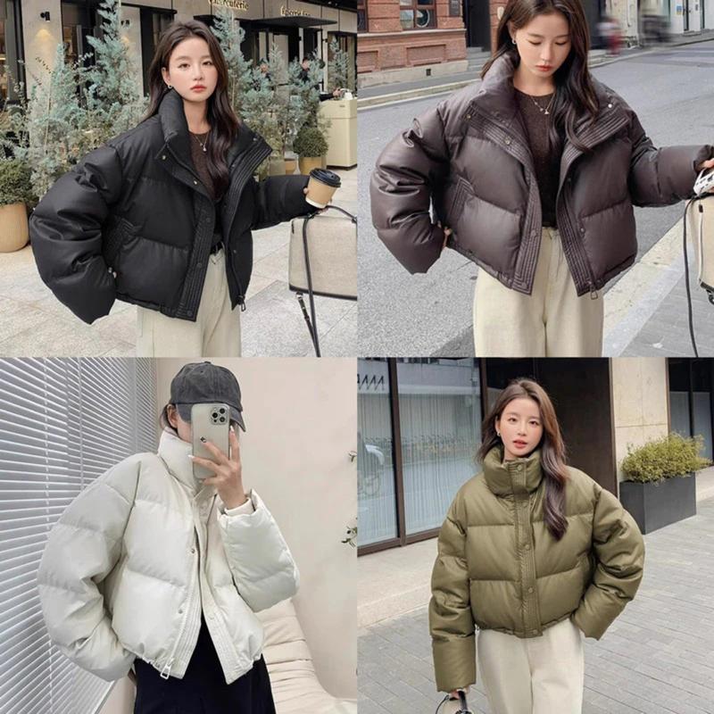 Áo phao da nữ dáng ngắn croptop mặc đẹp sang chảnh mẫu mới 2024 Women Jacket Có Cổ