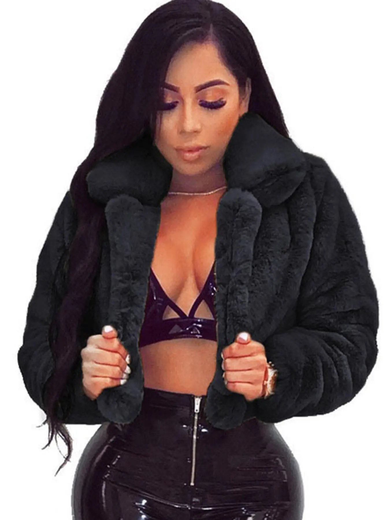 Women's Solid Color Faux Fur Collared Crop Jacket, Casual Long Sleeve Fuzzy Coat for Fall & Winter, Women's Clothing for Daily Wear