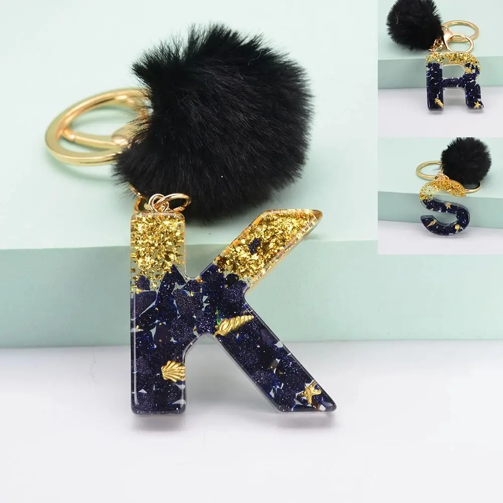 New 26 Letter With Gold Foil Keychain Exquisite Initial Charms Black Pompom Keyring Women Purse Bag Ornaments DIY Accessories
