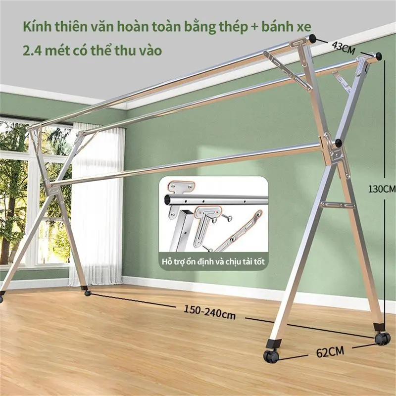 Giàn Phơi Quần Áo Thông Minh, Giá treo quần áo có bánh xe, chất liệu thép không gỉ 304, đa dạng kích thước chọn lựa Kệ 7