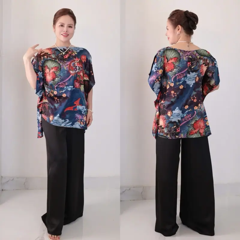 ( Hàng Cao Cấp ) Set Đồ bộ trung niên cách điệu, đồ bộ cho mẹ,áo kiểu, quần dài ống rộng , chất lụa lattin cao cấp CC36 Nữ Women Ong Top Voi Jacket Polo 7