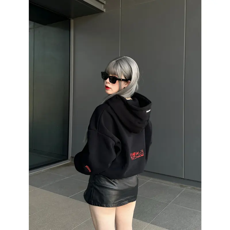 Áo Hoodie Có Khóa Kéo Có Mũ Trùm Đầu, Thiết Kế Mèo Boxy amadus, Dành Cho Nam Và Nữ, Thêu Nhiều Màu, Tay Phồng 4
