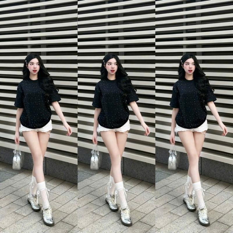 Product Introduction of Áo Thun Nữ Đính Đá Cổ Tròn Tay Ngắn Form Thụng Dấu Quần Women Top Màu Đen 6