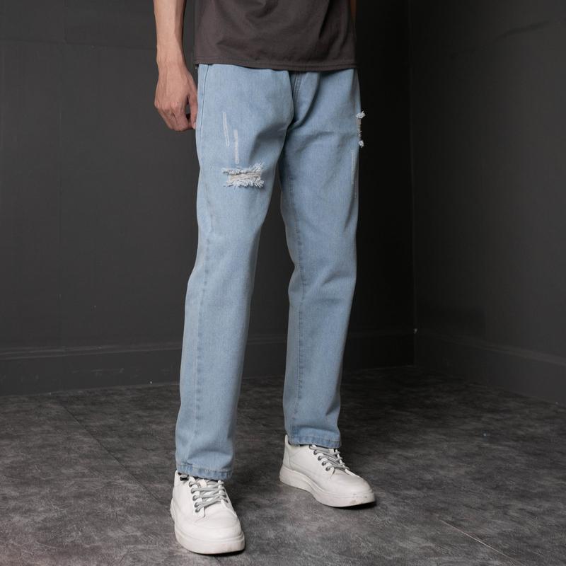 Quần jean ống suông rộng nam rách dáng baggy VNXK màu xanh trắng nhạt 0491 Menswear Ong Có Túi Pants