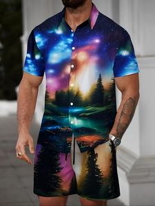 Men's Starry Night Print Short Sleeve Shirt &  Drawstring Waist Shorts Set, Regular Fit Casual Comfy Button Front Collared Top & Pocket Shorts for Beach Vacation, Men's Summer Clothes