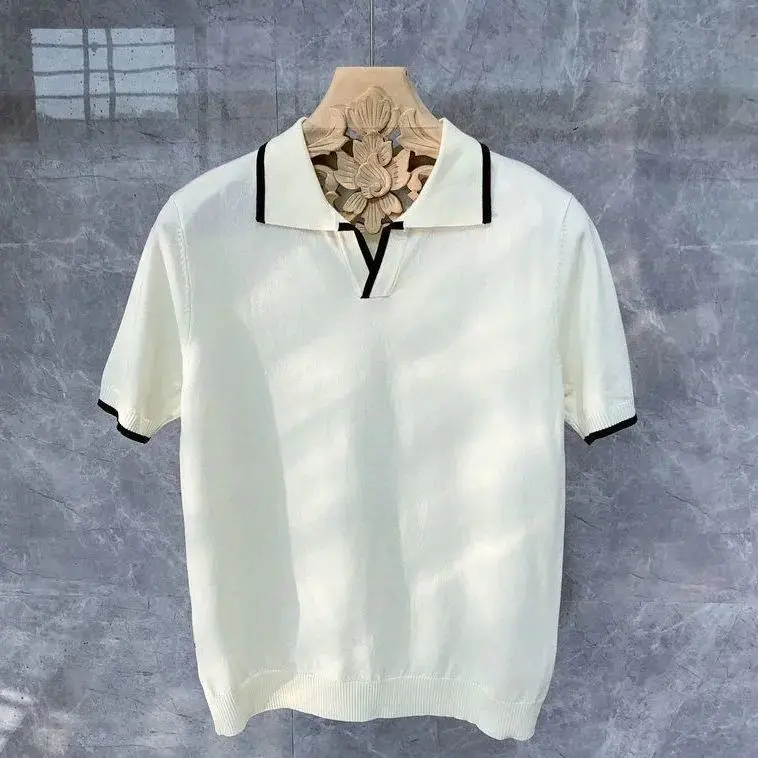 Áo Polo Dệt Kim Cao Cấp, Tay Lửng, Dành Cho Nam, Phong Cách Hàn Quốc, Hợp Xu hướng, Công Sở, Ve Áo, Áo Thun ngắn Tay, Mùa Xuân Và Mùa Hè, Thiết Kế Khối Màu Mới Có Cổ