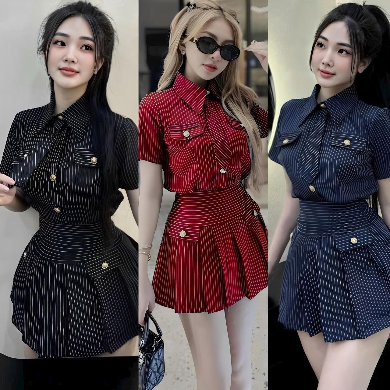 [Sale 99k] Set Chân Váy Áo Thắt Cà Vạt Dự Tiệc Sọc Kẻ Có Quần Bảo Hộ 40 - 95Kg Có Bigsize Nữ Top Women Xoè - A.1359