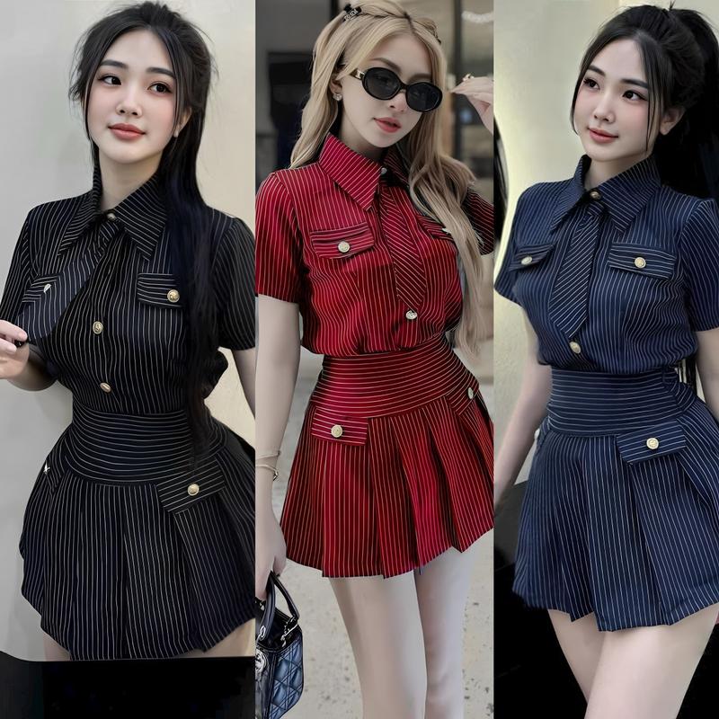 [Sale 99k] Set Chân Váy Áo Thắt Cà Vạt Dự Tiệc Sọc Kẻ Có Quần Bảo Hộ 40 - 95Kg Có Bigsize Nữ Top Women Xoè - A.1359