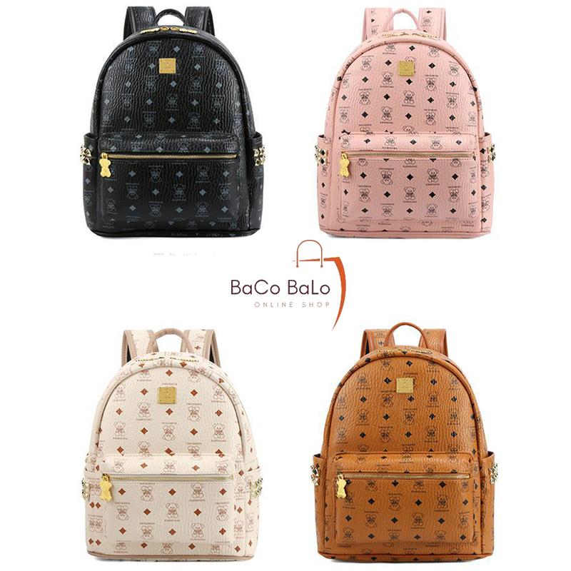 Balo Da Size 38 Họa Tiết Gấu Khóa Gấu Đồng Chất Liệu Da PU Hàng Quảng Châu Kèm Móc Cún