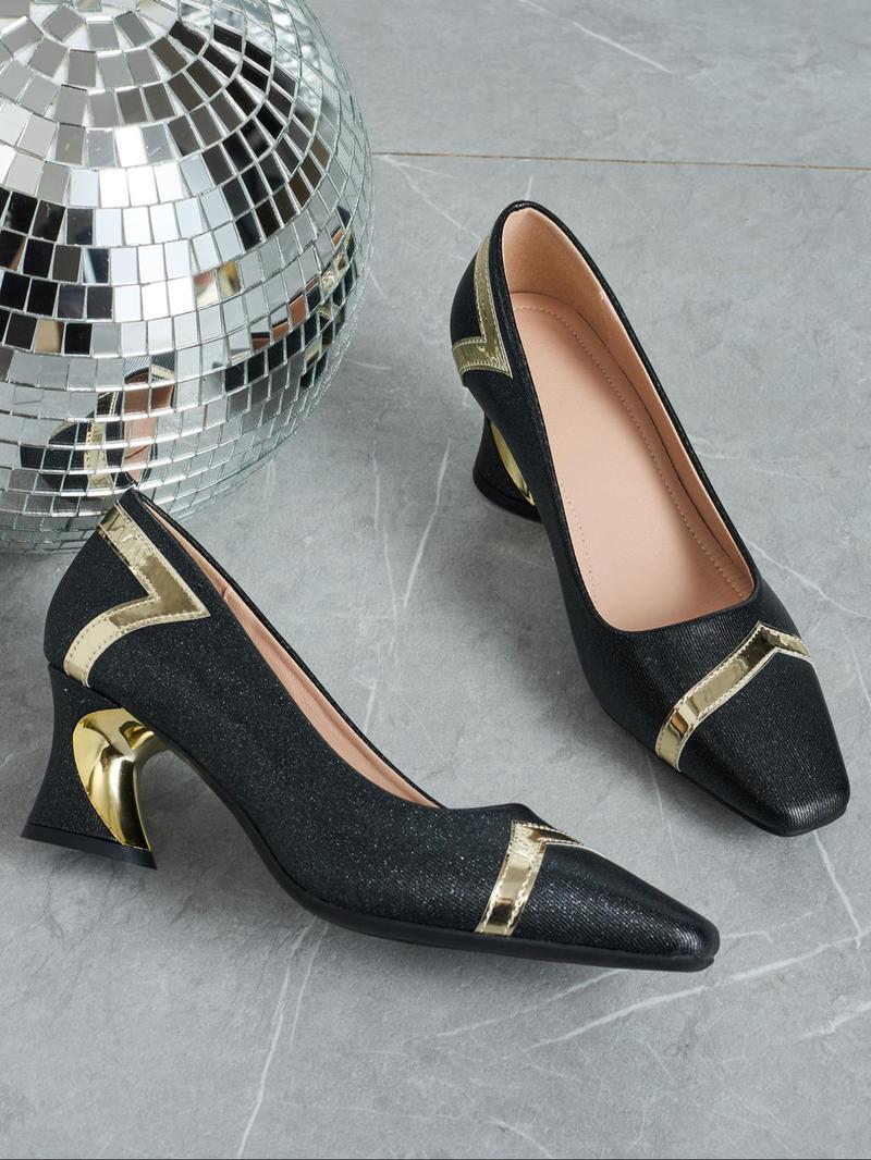 Product Introduction of Women's Fashionable Metallic Square Toe High Heel Shoes, Elegant  Slip on Shoes for Party, Daily Clothing Decor for Women & Girls 6