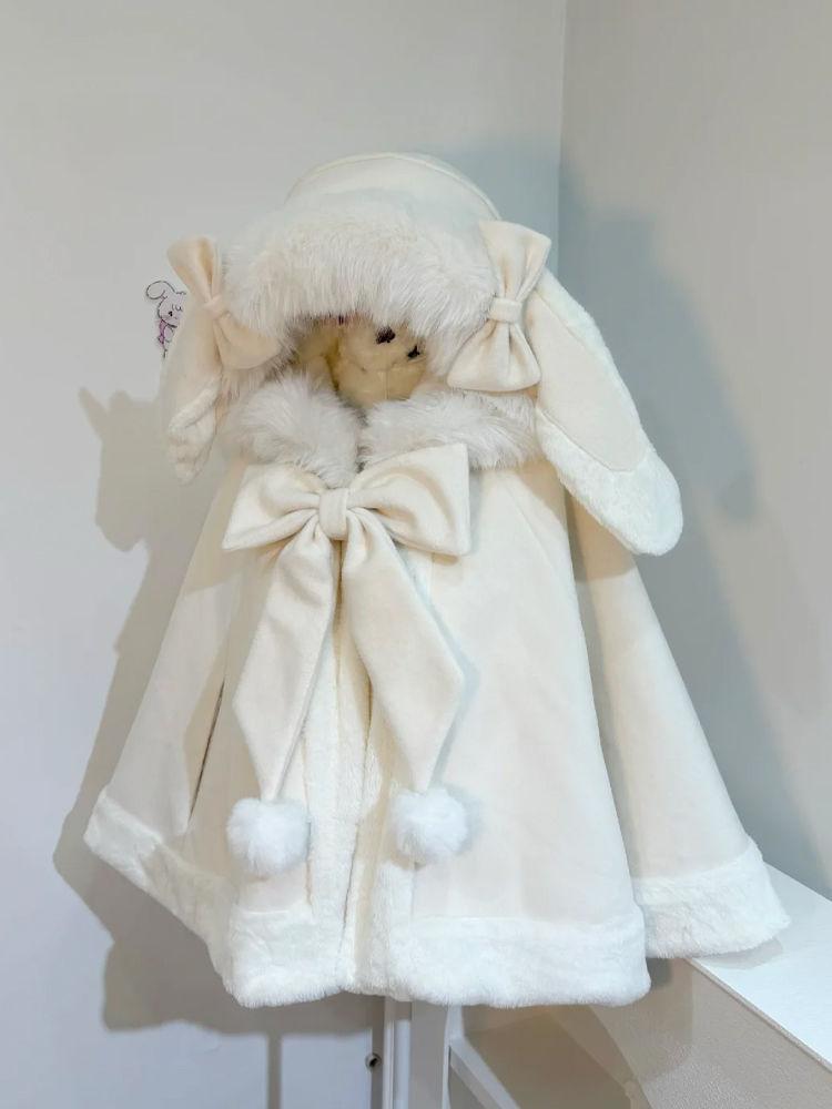 Product Introduction of 2024 Autumn and Winter New Sweet Cute Rabbit Ears Woolen Cloak Loose Youthful-Looking Bow Hooded Chic Coat 8