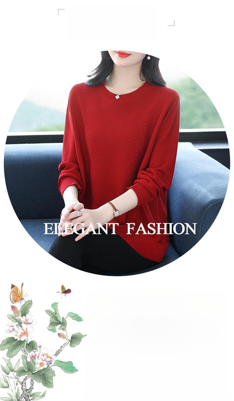 Product Introduction of Knatwear women's round neck rhinestone sweater new fashion mom loose Western style knits long sleeve thin top crop 10