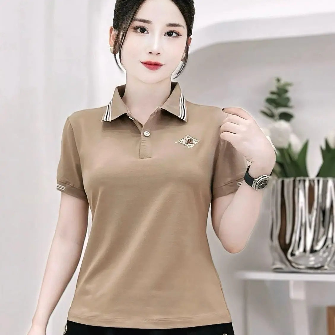 Áo PoLo Nữ chất cotton cổ bẻ đính đá 3035
