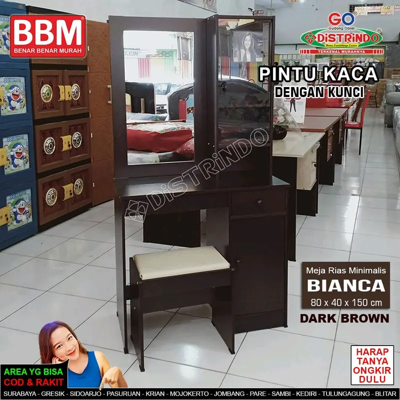 Meja Rias Minimalis Pintu Kaca ada Kunci Komplit Kursi tempat duduk Laci Lemari 3