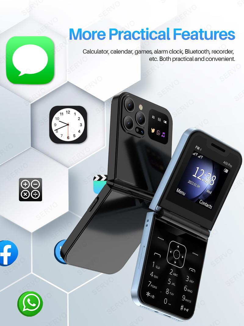 Product Introduction of Điện Thoại Lật, SERVO A50 Pro, Thẻ SIM Kép GSM, Đèn Pin Điện, Ghi Âm Cuộc Gọi Tự Động, Màn Hình 2.4 Inch, Có Thể Gập Lại, Tương Thích Type-C, Điện Thoại Di Động 83