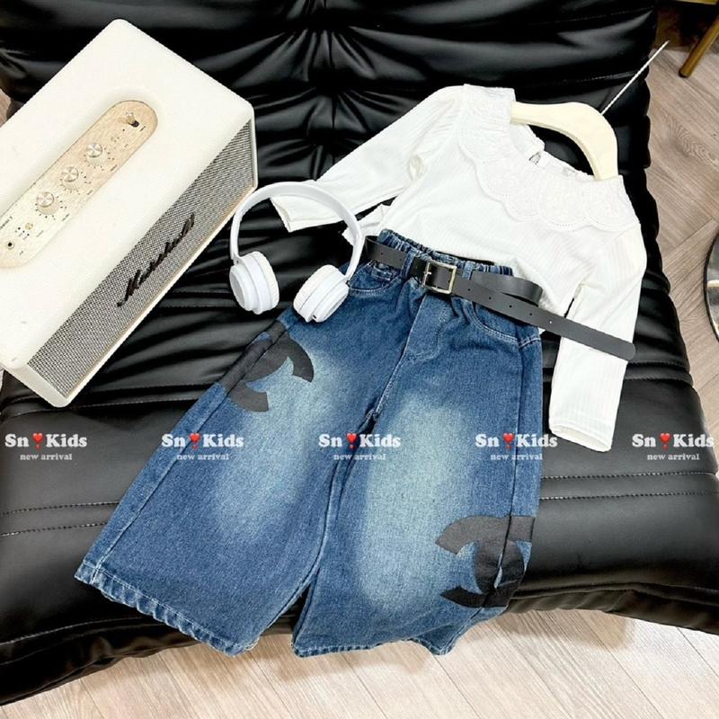 Sét Áo Len Tăm Cổ Bèo Có Cúc Cài Phía Sau Kèm Quần Jean Chữ Tặng Kèm Dây Lưng Cá Tính Cho Bé Gái