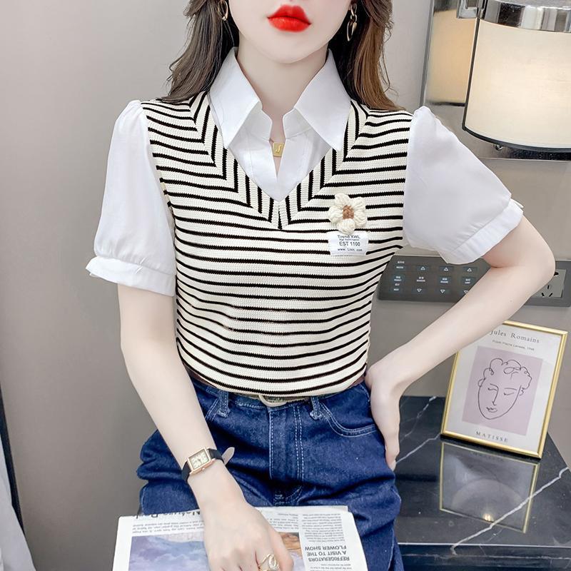 Áo Sơ Mi Ngắn Tay, Thiết Kế Hai Mảnh Giả, Họa Tiết Sọc, Dành Cho Nữ, Phong Cách Trẻ Trung, Hàng Mới Về Mùa Hè 2024, Áo Ngắn Đẹp 2