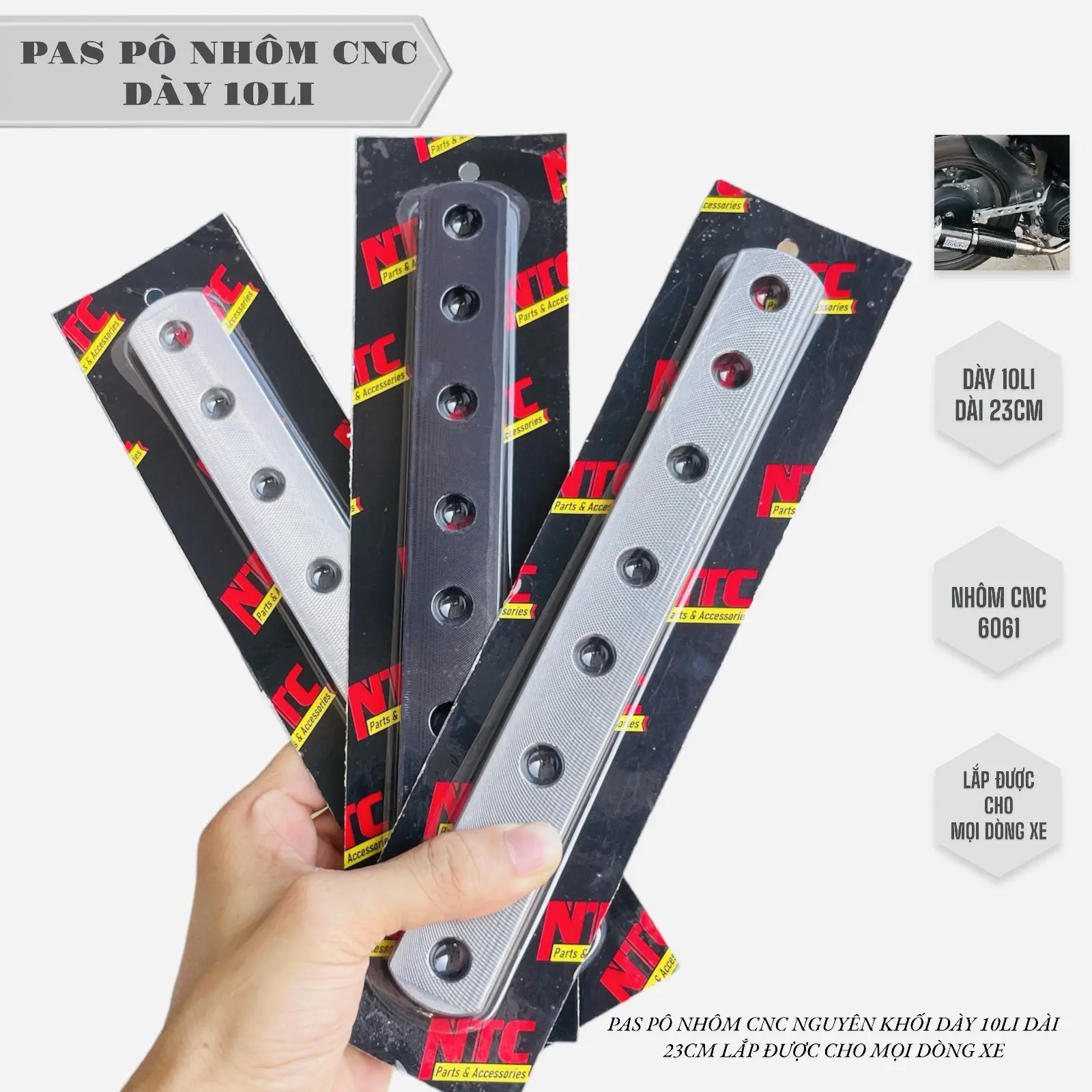 Pas pô ngắn 8li treo pô tăng pô nhổng pô kiểng nhôm cnc dài 23cm không lắp được pô zin 3D sáng bóng Phụ Kiện Phụ Tùng