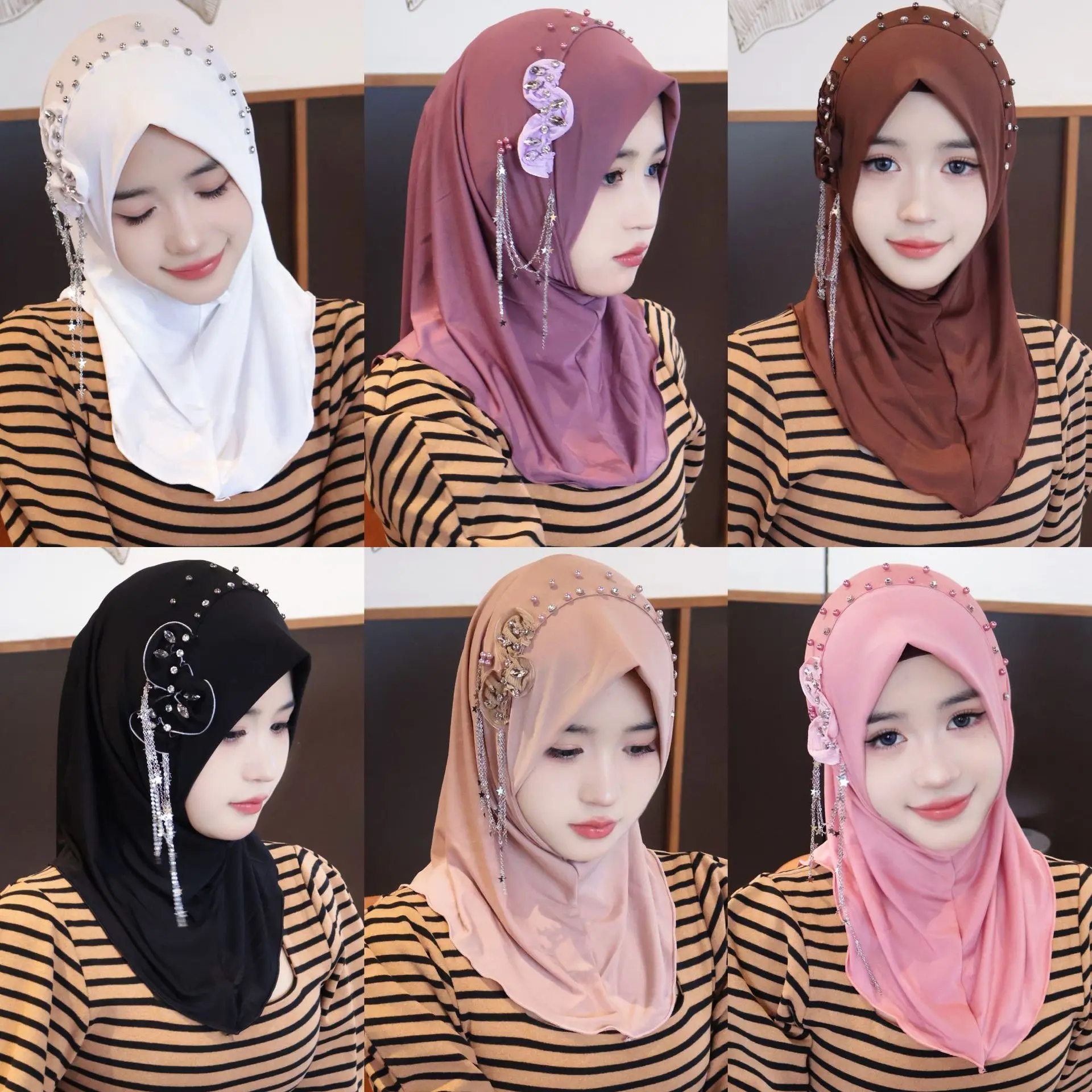 New Small Puff Five-Star Tassel Soft Brim Head Cover Pullover Solid Color Headscarf Soft Brim Convenient Scarf Gauze Scarf