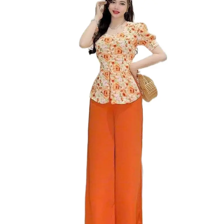 Bộ Quần Áo Bà Ba Nữ  Cổ Vuông Tay Ngắn Phồng Nút Ngọc Top 1