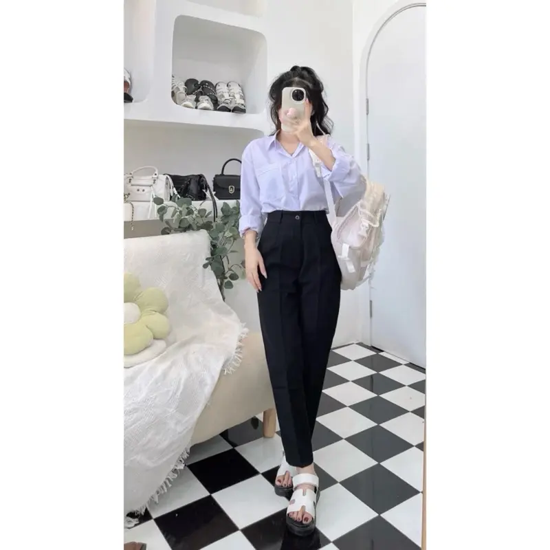 [ 1Khuy ] Quần Tây Nữ Lưng Cao 1 Cúc Có Đỉa Sơ Vin Cạp Cao Màu Đen 4