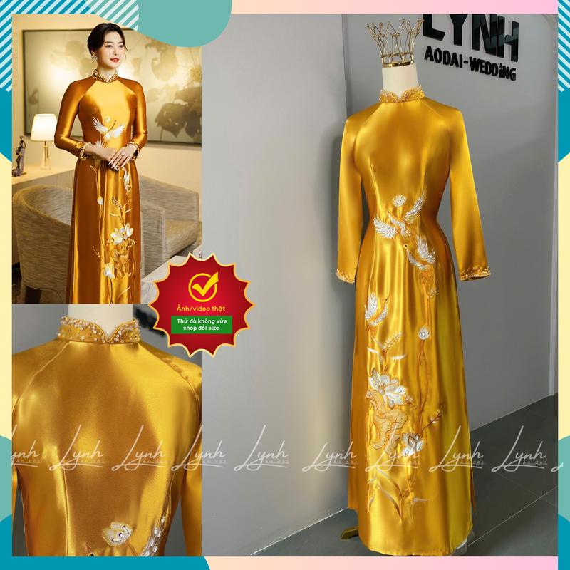 Áo dài mẹ cô dâu VÀNG THÊU SEN HẠC cao cấp - Áo dai LYNH Top Nữ Voi Sen Hoa Sen Women Voan Dress Kem