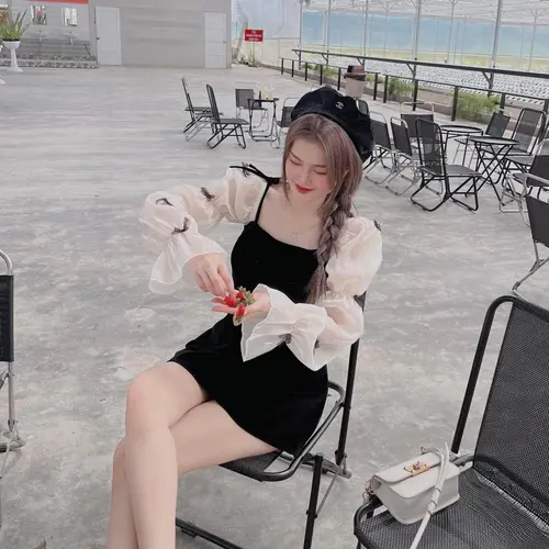 Váy Trễ Vai Có Dây Tay Dài Phối Nơ Dáng Váy Ngắn Vải Cotton Lạnh - NV380 Nữ Dress Đen Women Cổ Tròn