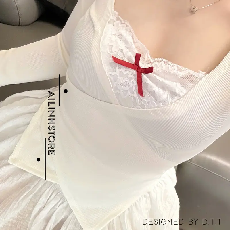 AILINH.STORE | Áo thun phối ren nơ tay dài 2