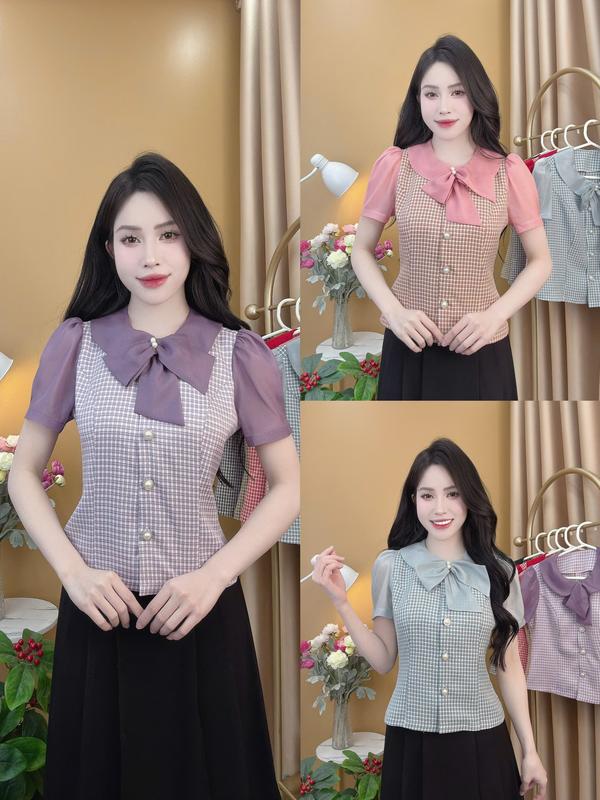 Áo sơ mi PEPLUM mã A45 HOẠ TIẾT KẺ siêu xinh áo peplum peplum xu huong Nữ Women Top Kem Voan