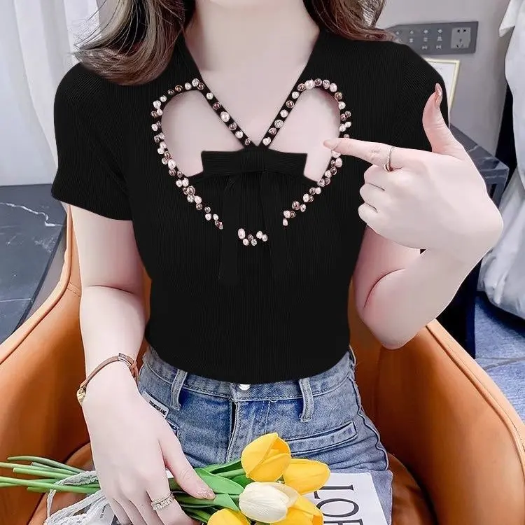 Áo Thun Ngắn Tay, Thiết Kế Hình Trái Tim Khoét Lỗ Đính Cườm, Dành Cho Trang Phục Mùa Hè Của Phụ Nữ, Hàng Mới Về, Ngoại Cỡ, Ôm Sát, Dễ Phối Đồ Áo Ngắn